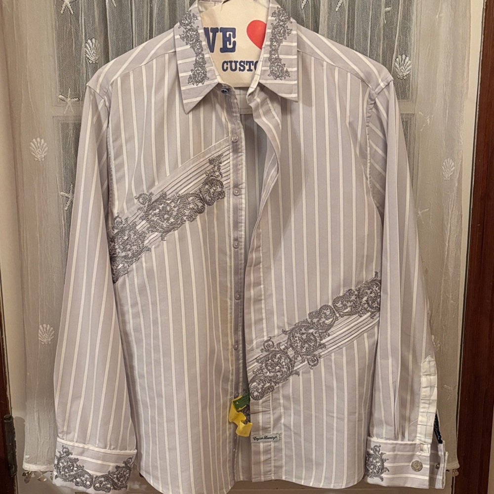 English Laundry Gray Striped Shirt with Floral Design